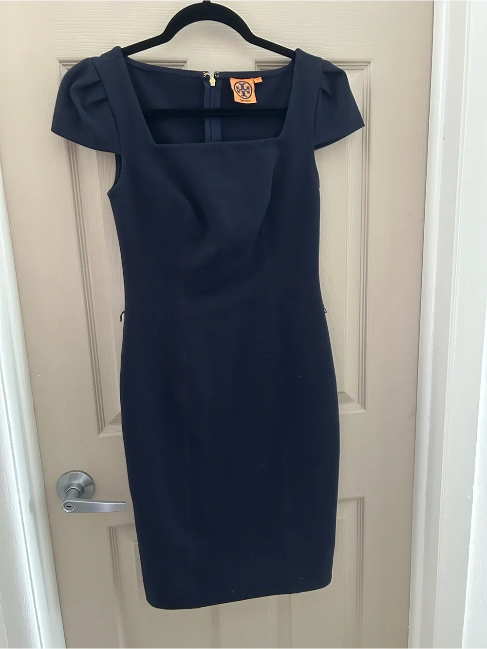Tory Burch Navy Square-Neck Midi Sheath Dress